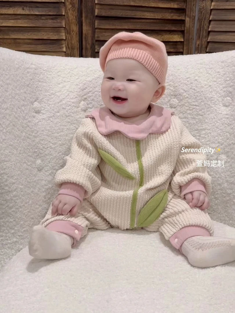 萱妈家【郁金香爬服】春季新款女宝百搭翻领连体甜美哈衣蛇骨纹爬服