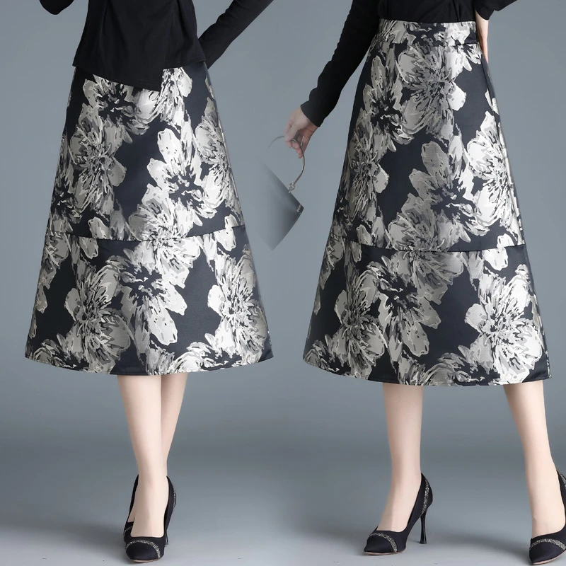 提花半身裙新款高腰显瘦A字裙中长款显瘦花苞蓬蓬伞裙女