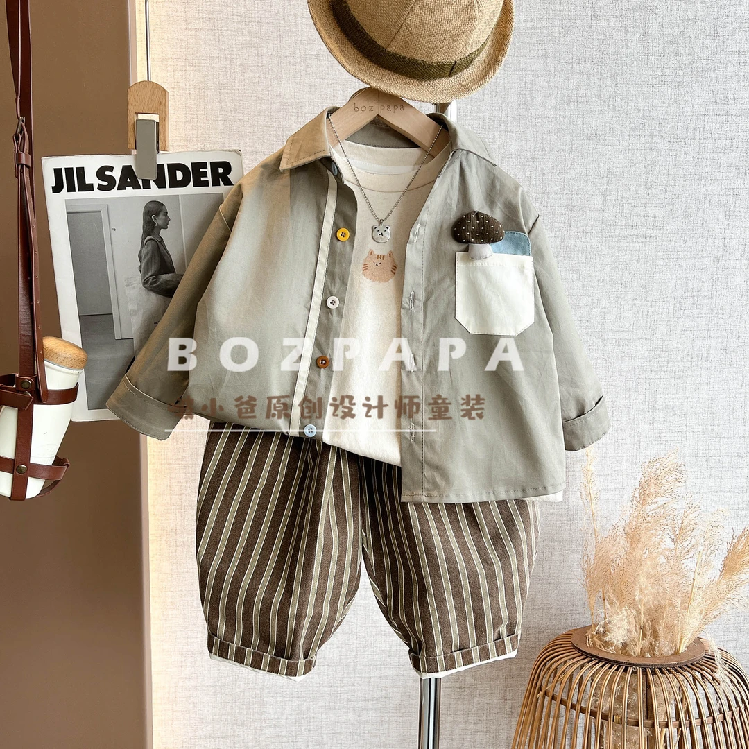 啵小爸【蘑菇先生】2025春季男童韩系休闲可爱蘑菇衬衫三件套