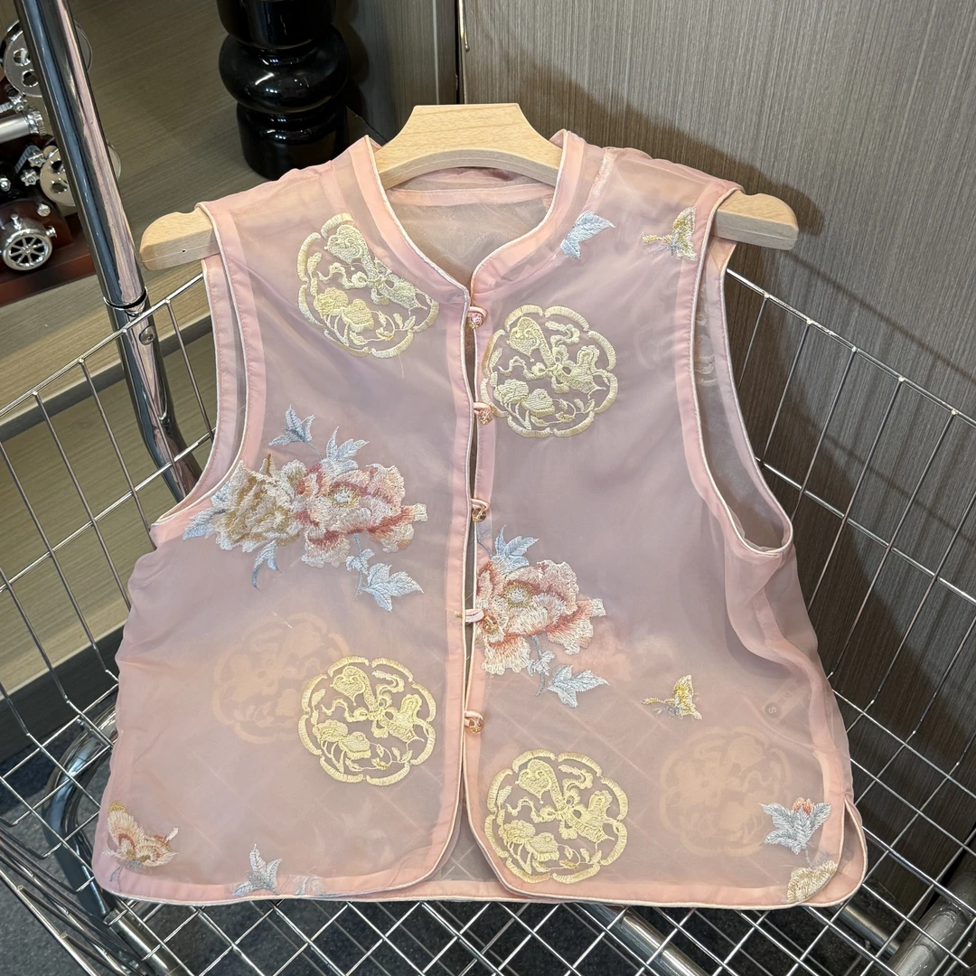 【韵悦】2025春夏新款国色芳华国风刺绣马甲立领绣花无袖上衣女