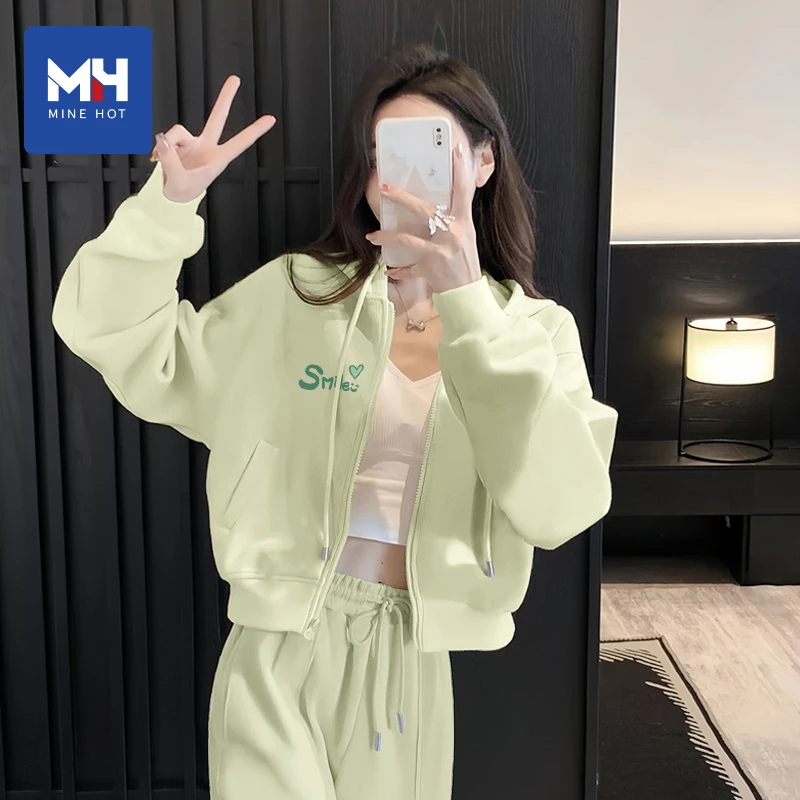 唐狮集团MH套装2025新款秋季休闲阔腿裤绿色连帽卫衣卫裤两件套x