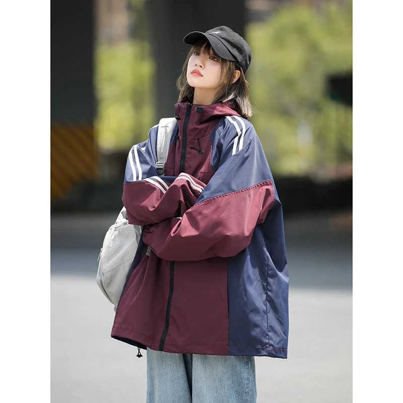 【奥莱撤柜】美式复古冲锋衣外套女秋季宽松高级感撞色登山服夹克