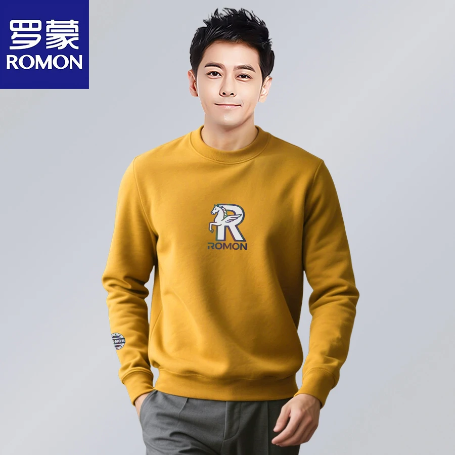 Romon/罗蒙男款黑色卫衣秋冬新款男士圆领上衣时尚印花长袖打底衫