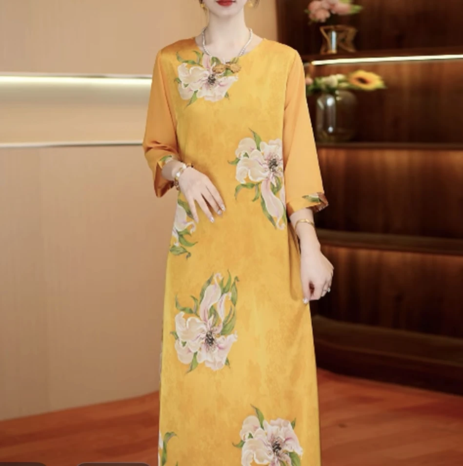 629【贵气牡丹旗袍裙】暗纹提花缎面新中式轻新中式牡丹提花连衣裙
