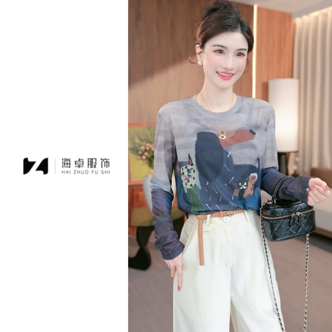 海卓～轻薄款卡通印花网纱长袖T恤洋气太阳花防晒衫打底衫HZ-010