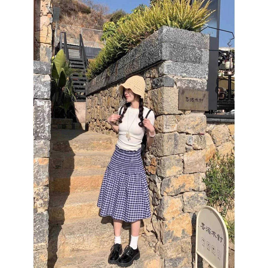 设计感两穿蓝色格子半身裙女夏季法式气质背心裙a字裙时尚百搭