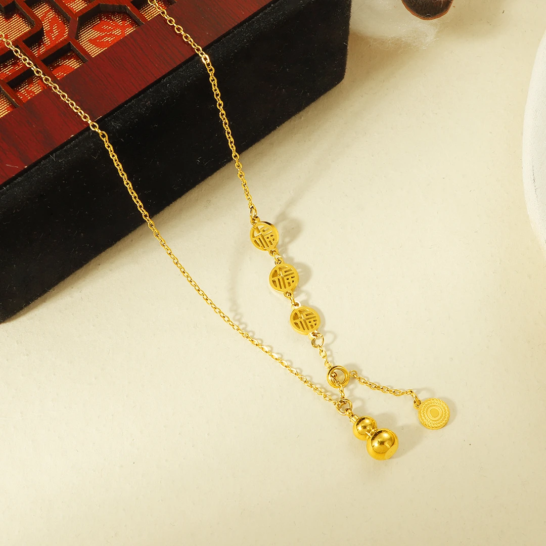 钛钢项链 新款金色福字葫芦吊坠项链