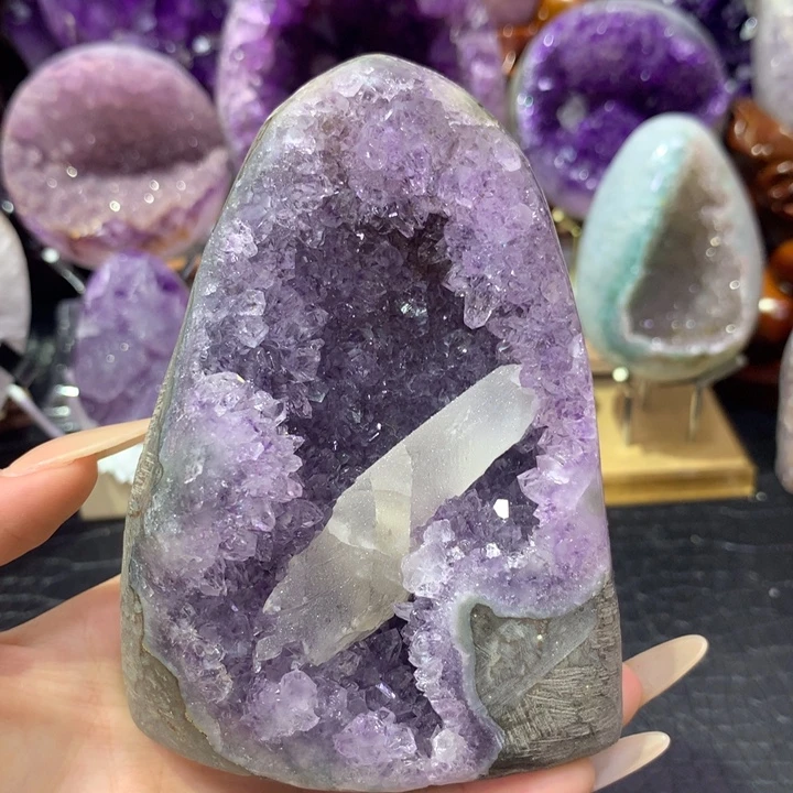 未镶嵌珠宝半成品紫晶仙紫带方解晶镇