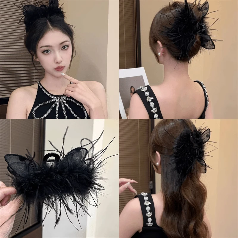 显发量羽毛发夹女后脑勺猫耳朵鲨鱼夹子轻奢发饰高级抓夹2025新款