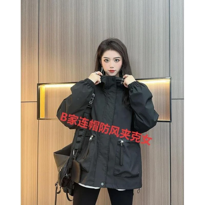 6586  秋季新款宽松个性休闲英伦风连帽防风中长款夹克女