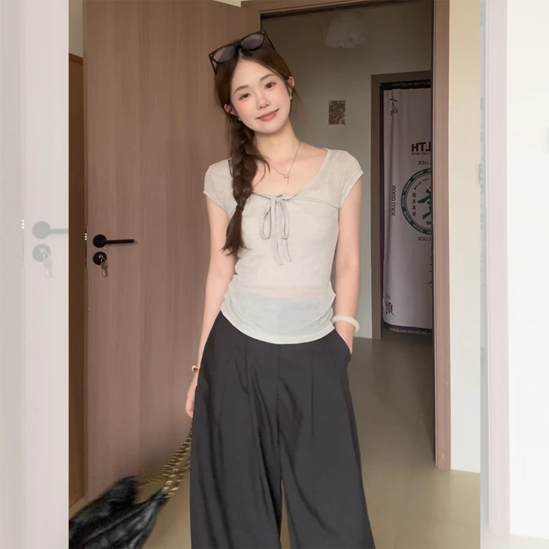 韩系微透灰色系带短袖t恤女夏季短款修身小个子收腰上衣