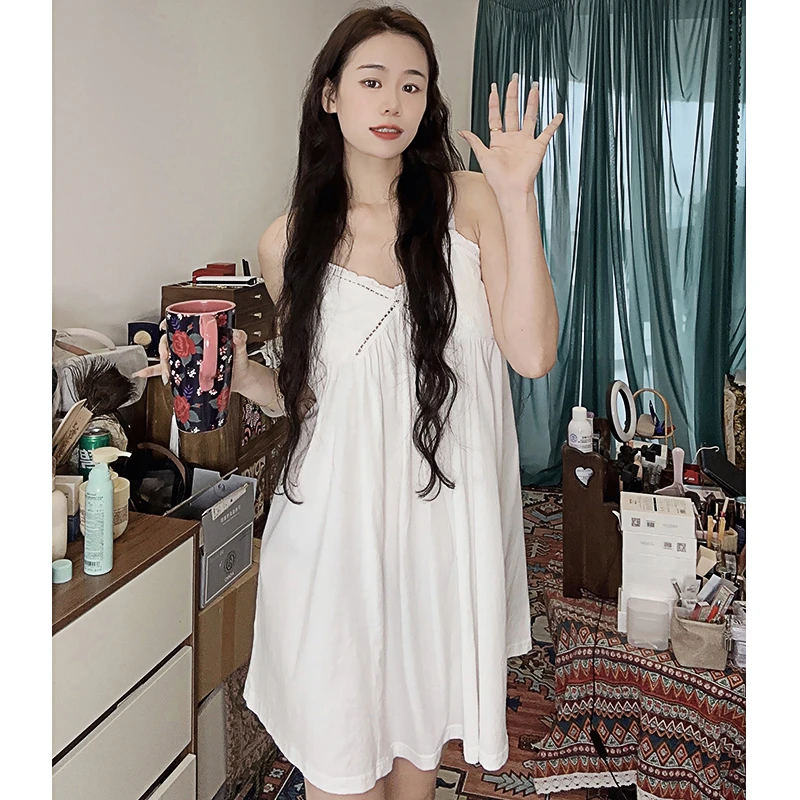 带胸垫睡衣女吊带纯欲风薄款宽松甜美可爱可外纯棉小白吊带裙睡衣