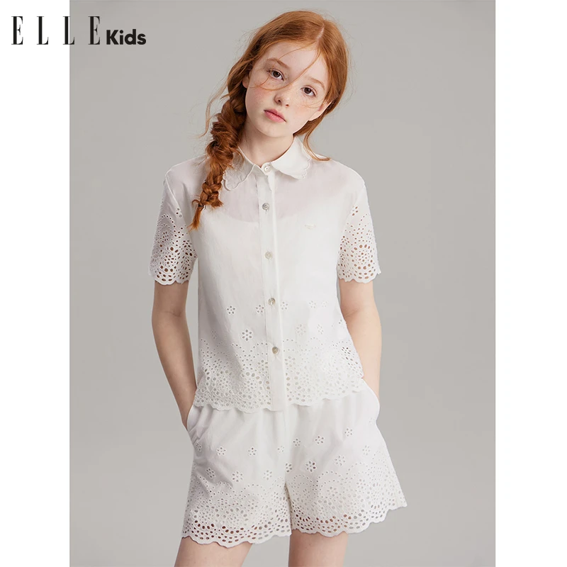 ELLE KIDS童装 法式棉布刺绣套装夏季新款短袖衬衫+松紧腰短裤A2