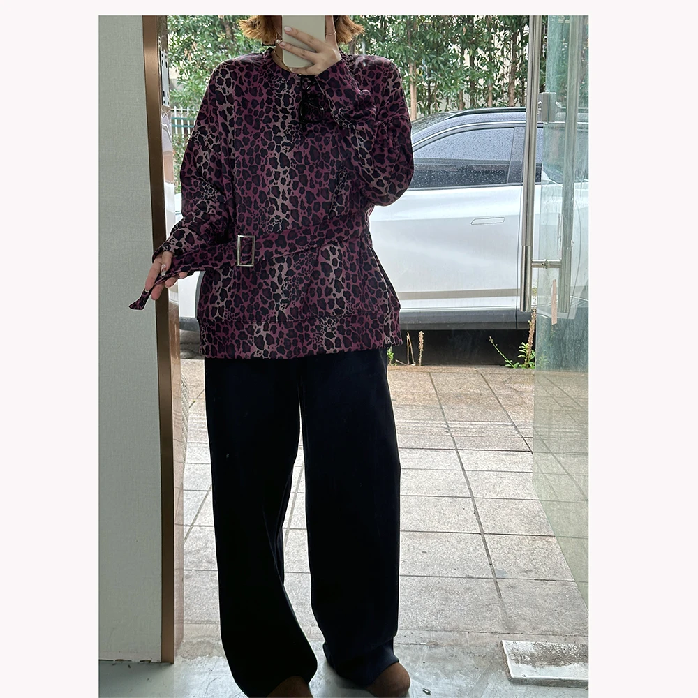 ZR090秋季新款宽松紫色豹纹圆领长袖T恤女士休闲上衣
