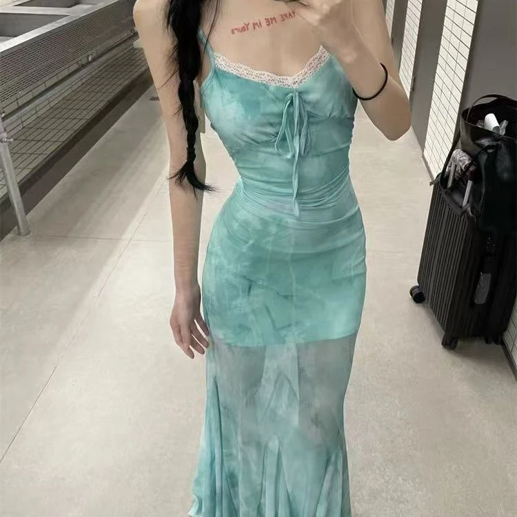 纯欲性感风新中式复古夏印花鱼尾包臀显瘦吊带裙带胸垫网纱长裙子