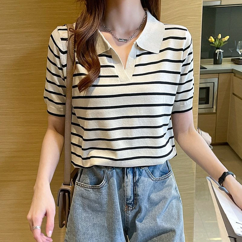 polo领短袖t恤女装2024年新款春夏季宽松针织衫上衣条纹宽松显瘦