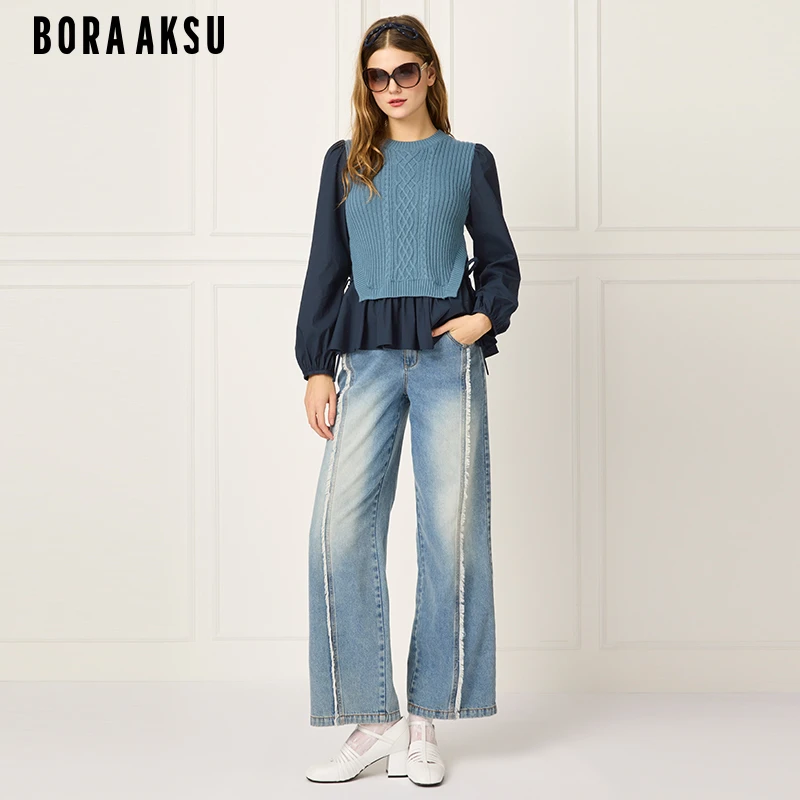 商场同款BORA AKSU2025泡泡袖拼色圆领仿两件针织上衣B1FAW03030