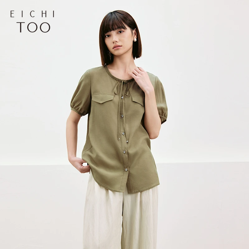 A爱居兔女装夏季新款轻盈柔顺舒适休闲复古圆领衬衫ENECJ2Q003A