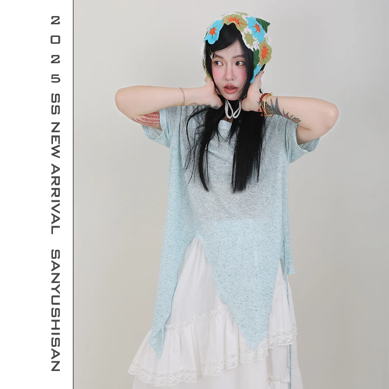 三与十三|海盐水晶|春季文艺休闲宽松百搭设计圆领短袖上衣圆