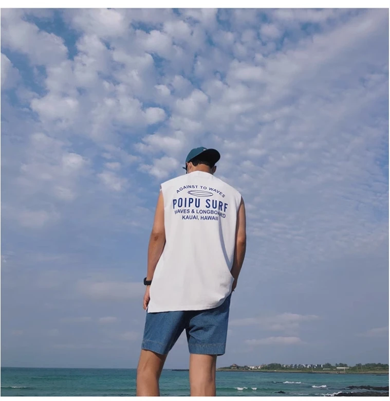 100%透气T恤美式休闲背心运动T港风印花圆领t恤男士夏季纯棉无袖