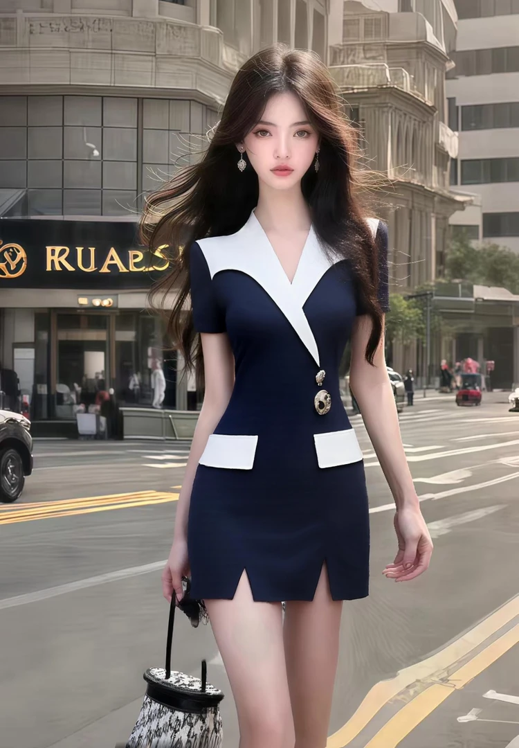 温柔知性风设计感V领修身收腰短袖包臀连衣裙女优雅时尚气质女装