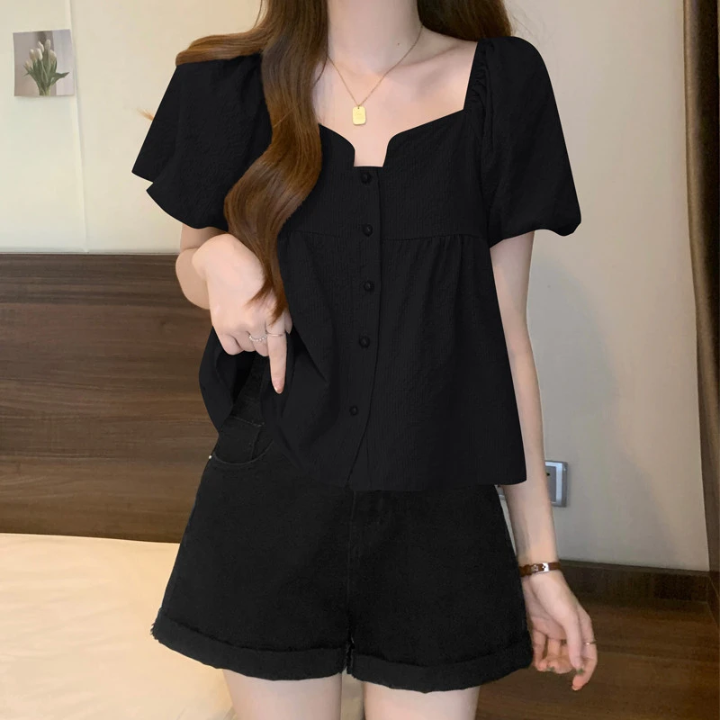大码正肩方领单排扣雪纺短袖恤女夏季胖遮肚显瘦法式百搭上衣
