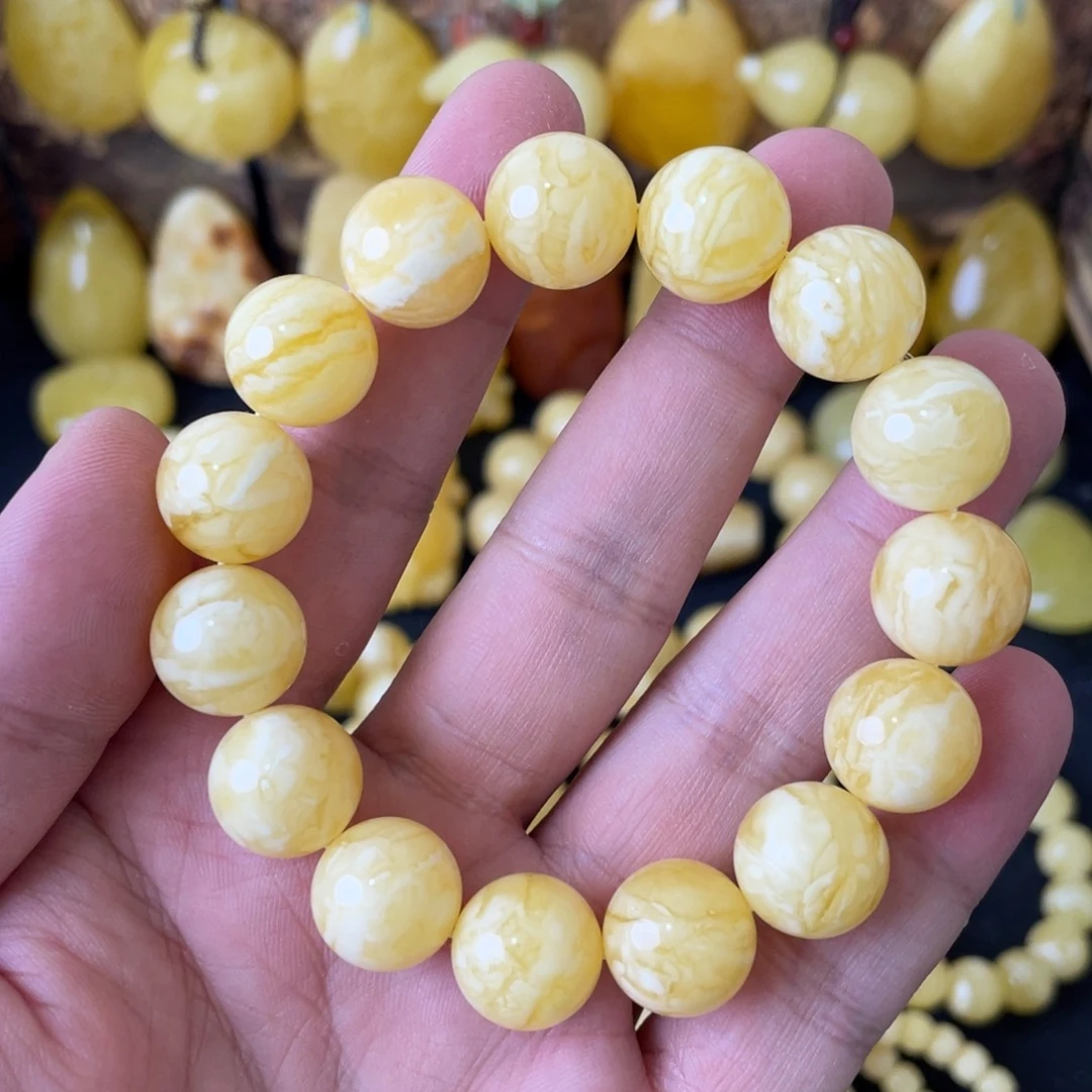 琥珀未镶嵌手串14+俄料浓蜡虎皮妖白花圆珠手串
