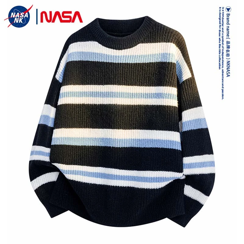 NASA联名日系学院风撞色条纹针织衫上衣男士秋冬款休闲慵懒风毛衣