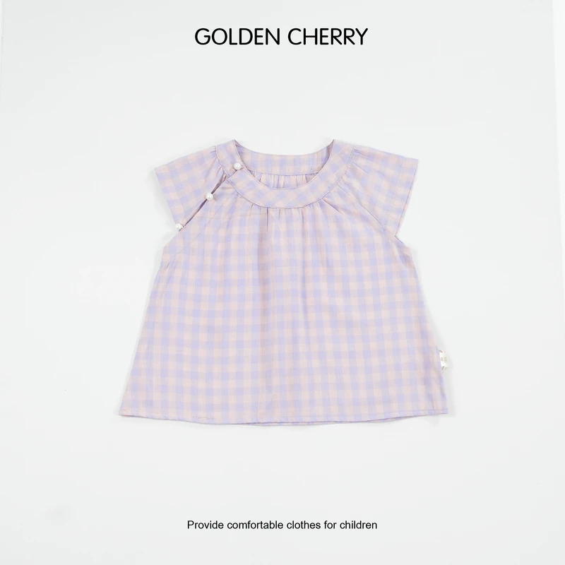 【Golden cherry】小童粉紫色百搭格子三粒扣洋气百搭上衣QDD783