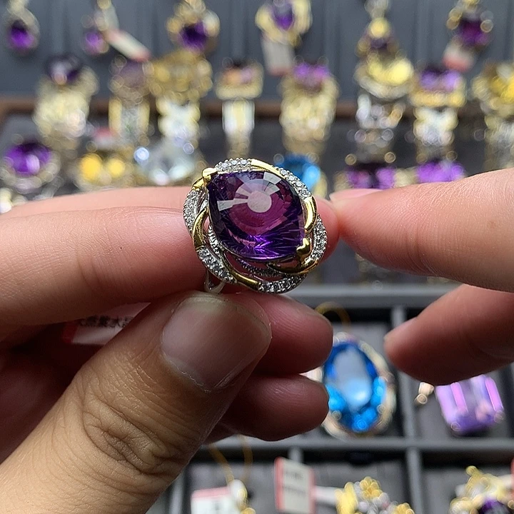 9***6银S925镀金镶嵌戒指水晶