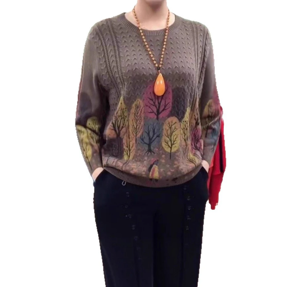 2025年新款长袖针织衫高档妈妈秋装花色宽松时尚百搭圆领套头毛衣