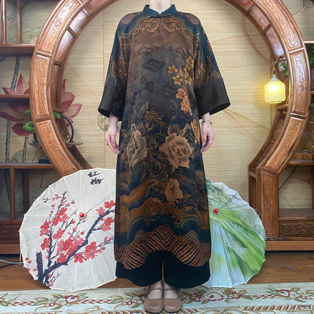 60姆米重缎棕底牡丹海水江崖香云纱袍子100桑蚕丝缝制中国风