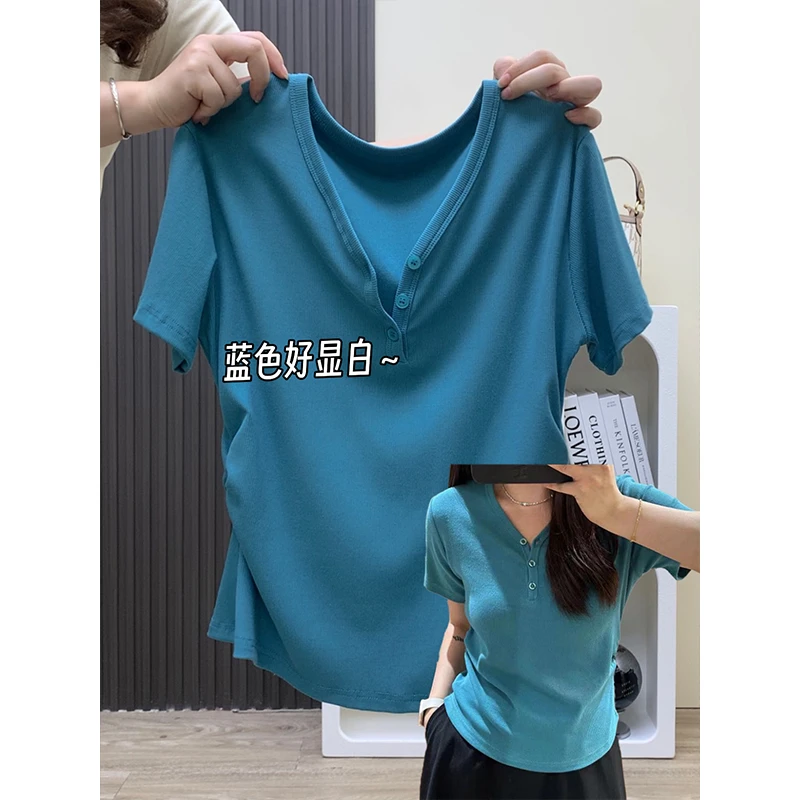 大码夏季排扣正肩V领掐腰纯色短袖t恤女气质百搭显瘦遮肉上衣ins