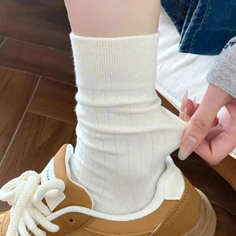 白色新疆棉袜子女春秋中筒袜芭蕾风灰色配老爹鞋秋冬堆堆袜女