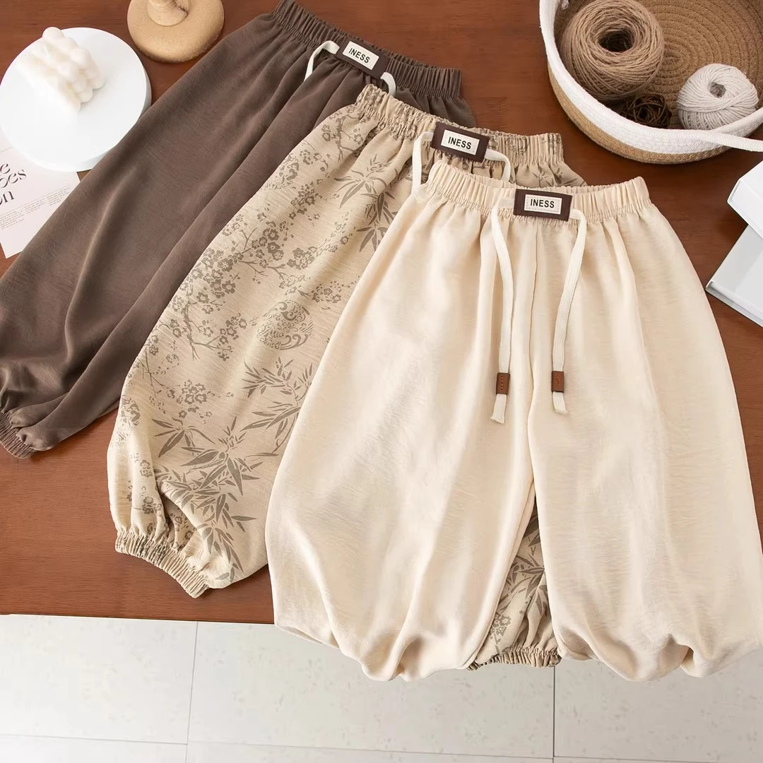 夏季冰丝麻灯笼裤潮款宽松凉爽碎花透气薄款男女宝宝防蚊裤束脚裤