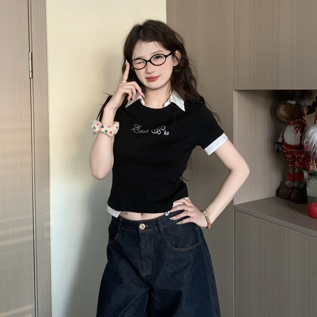 EZEK美式复古拼接短款修身辣妹正肩短袖T恤女2025春季新款上衣潮