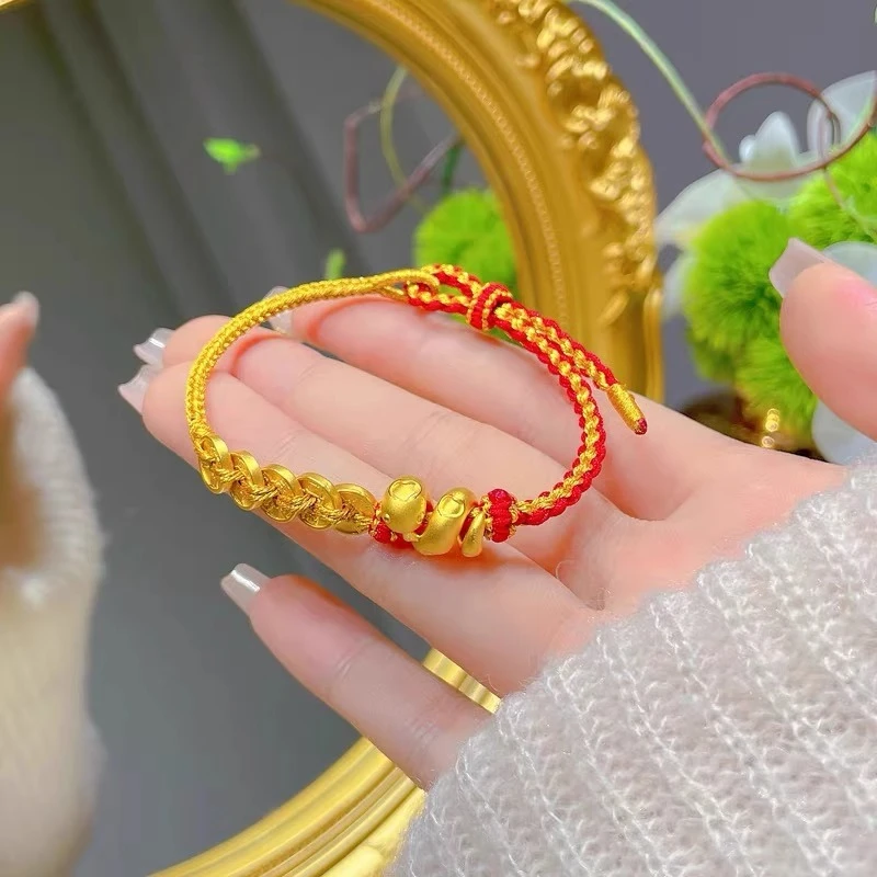 999足金卷卷蛇铜钱手链女新款五帝钱币本命年生肖蛇红绳生日礼物