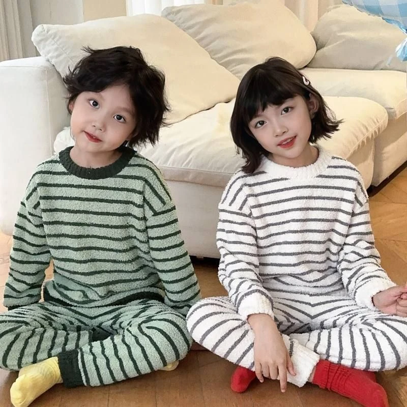 儿童保暖绒套装家居服女童上衣秋季秋冬男两件套新款睡衣半边圆