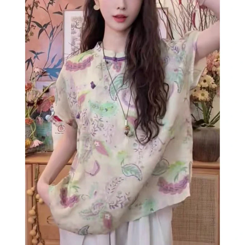 夏季时尚新款复古彩绘国风改良旗袍2025夏款斜襟盘扣气质减龄上衣