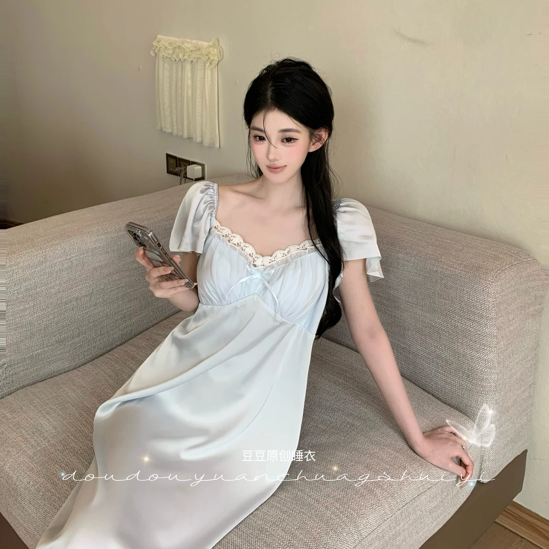 柔柔【海盐奶盖】月光丝短袖睡裙高腰显瘦夏季显高显白睡衣女