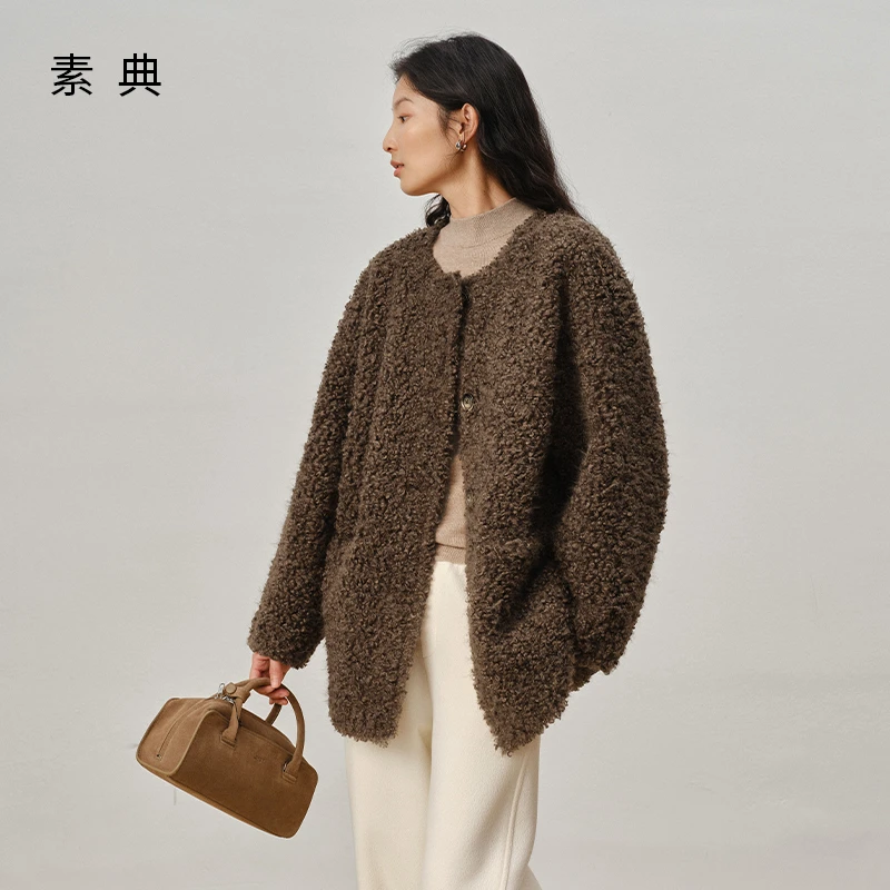 素典【金咖童话】韩系围巾款圆领仿皮草秋冬高级休闲百搭外套女5345