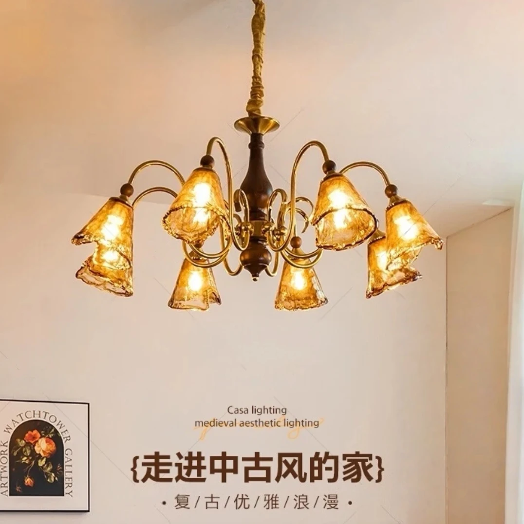 法式中古客厅吊灯美拉德复古实木卧室主灯餐厅玻璃灯吊灯541