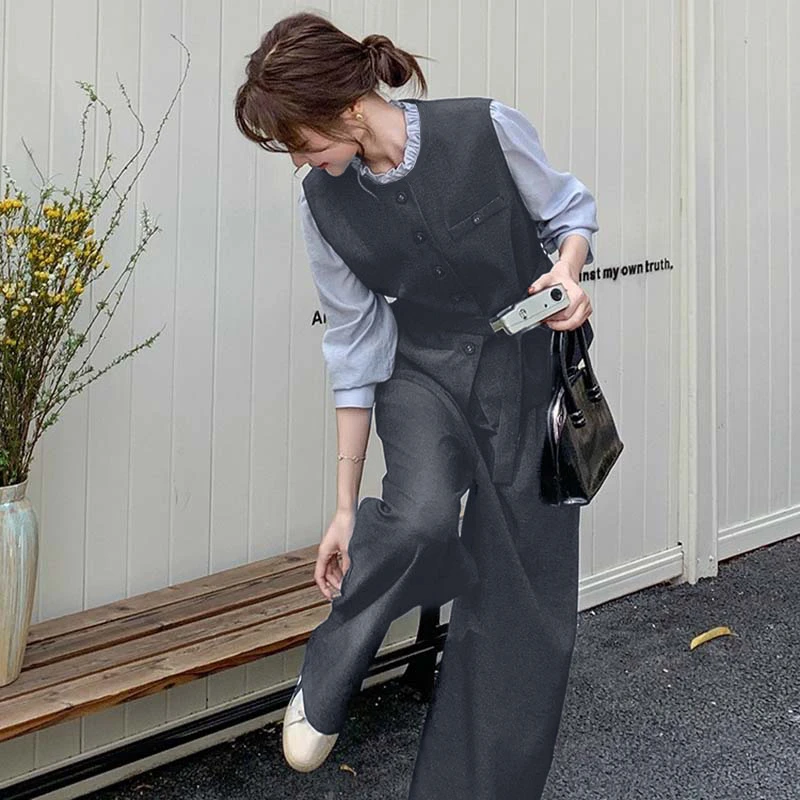 【灰色】【两件套】【有里布】【送腰带】假两件衬衫+阔腿裤套装QJ0004