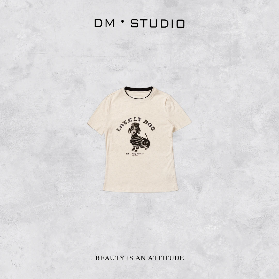 DEDM-DM•STUDIO/气质百搭休闲风减龄小狗印花撞色T恤上衣（82512）