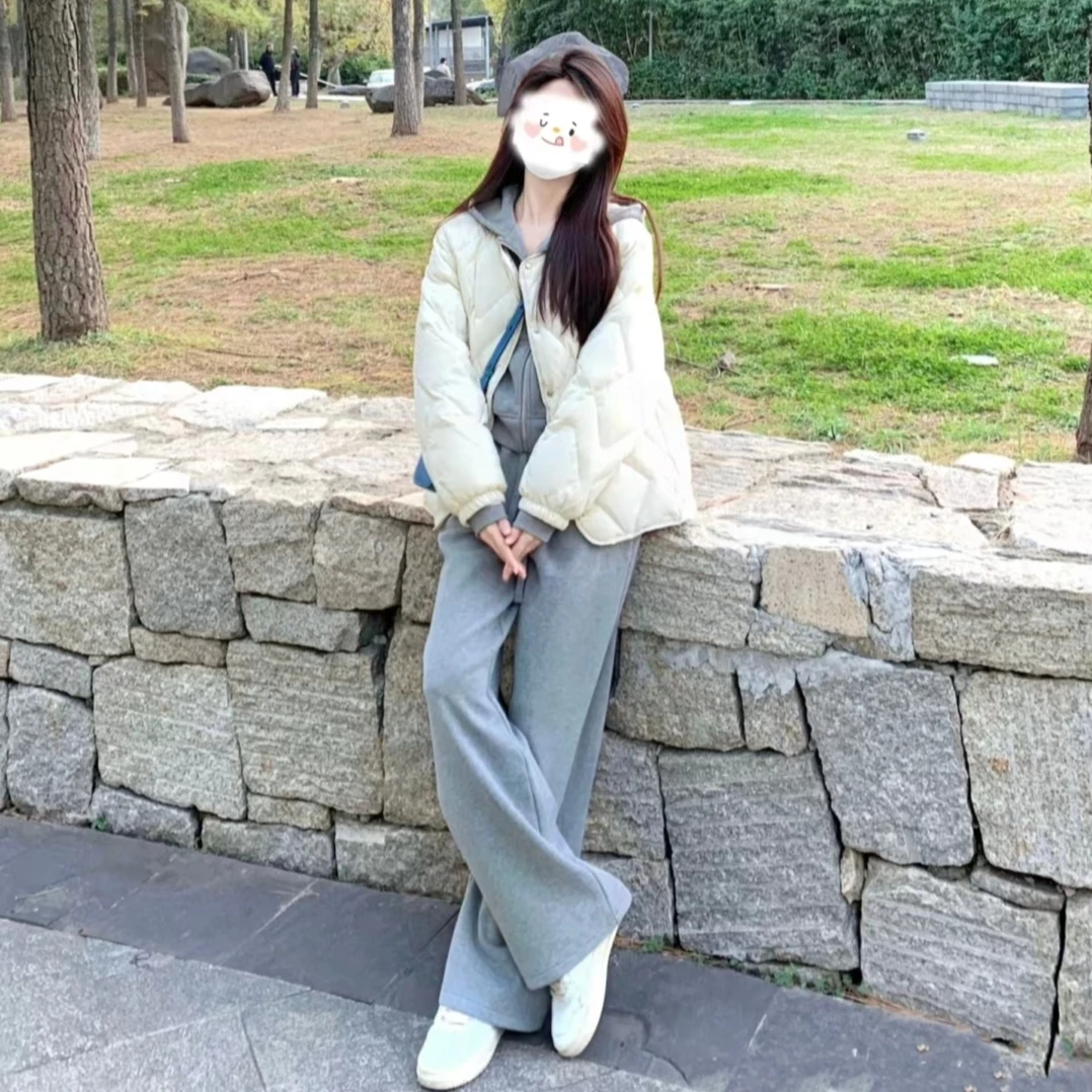 轻薄杏色菱格保暖棉服女冬季百搭休闲高级感棉袄外套卫衣套装女