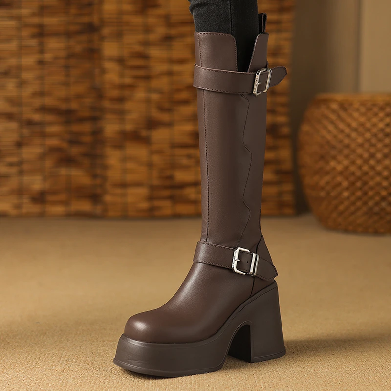 10cm高跟美拉德靴子女长筒靴不过膝瘦腿牛皮高靴粗跟圆头马丁靴女