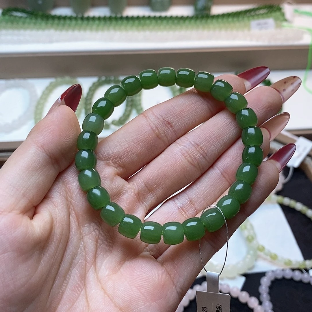 和田玉手链未镶嵌菠菜绿直切卡7.5