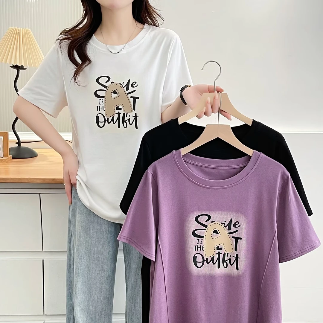 千寻--100-200斤大码女装夏季宽松印花圆领时尚韩版显瘦短袖T恤