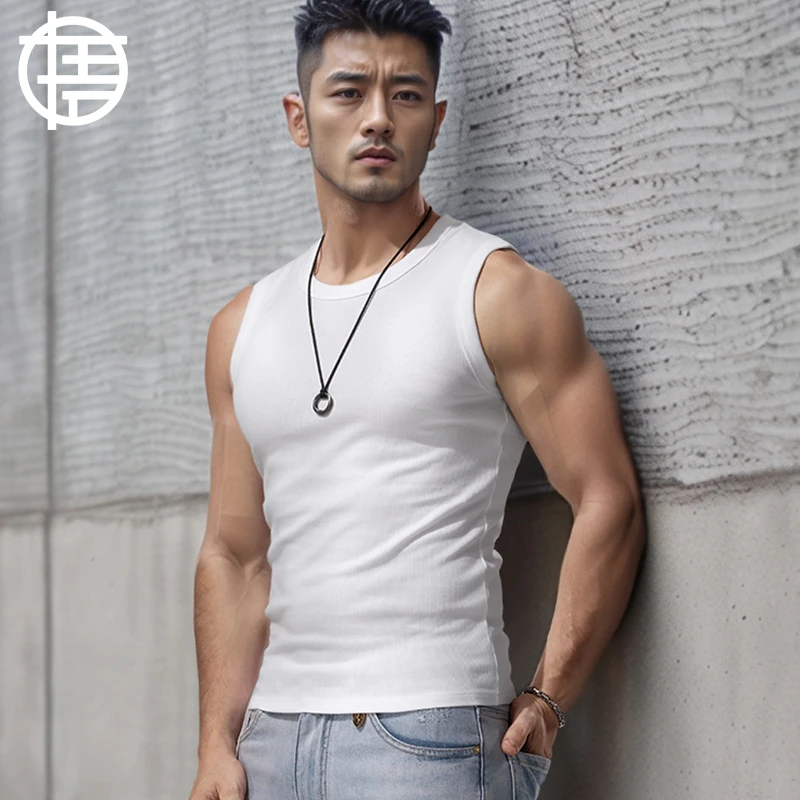 美式复古粗螺纹无袖T恤男纯色棉运动健身宽肩背心修身紧身坎肩夏