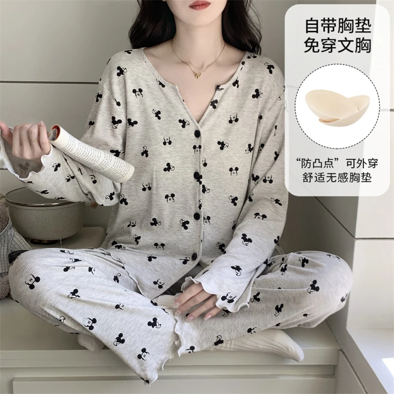 带胸垫睡衣女春秋带胸垫长袖长裤套装少女大码卡通宽松冰丝家居服
